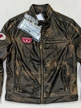 GUESS Men's Brown Distressed Faux Leather Jacket